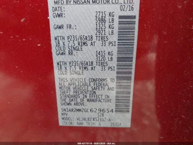 5N1AR2MM2GC629654 Nissan Pathfinder Platinum/s/sl/sv