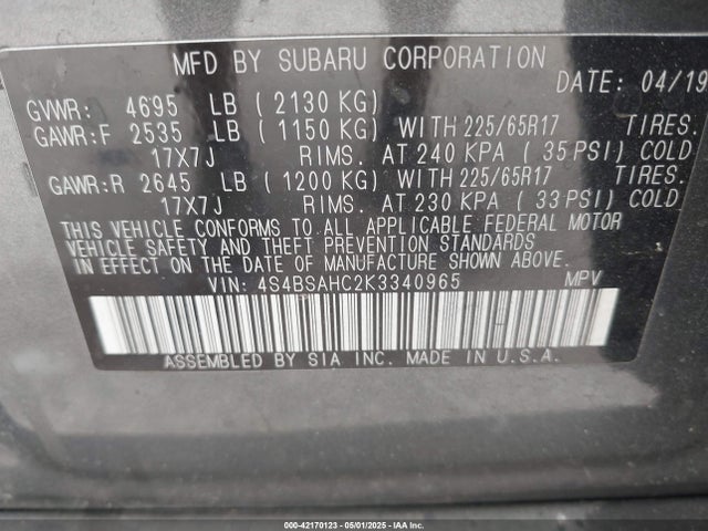 4S4BSAHC2K3340965 Subaru Outback 2.5i Premium