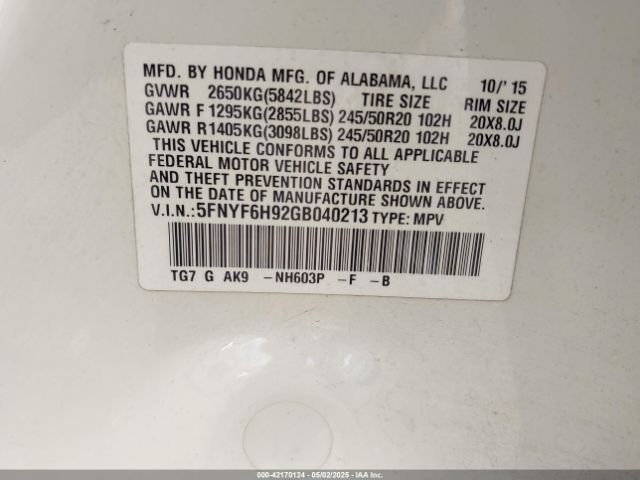 5FNYF6H92GB040213 Honda Pilot Touring