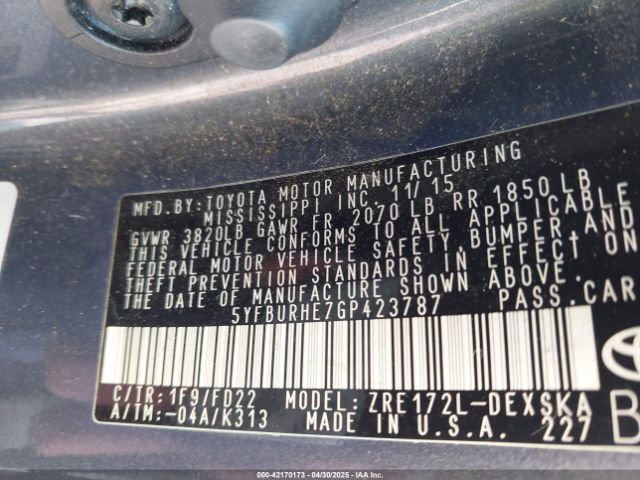 5YFBURHE7GP423787 Toyota Corolla S Plus
