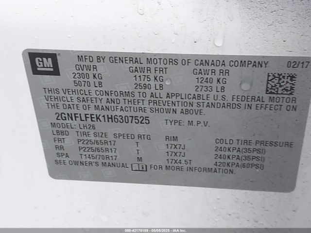 2GNFLFEK1H6307525 Chevrolet EQUINOX LT