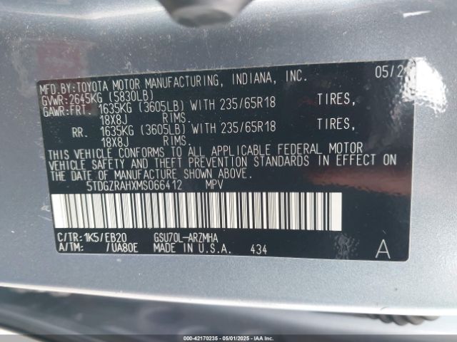 5TDGZRAHXMS066412 Toyota 2gr-fks