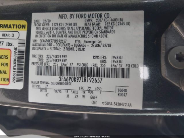 3FA6P0K97LR192657 Ford Fusion Titanium