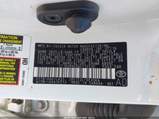 2T1BURHE6GC715530 Toyota Corolla S Premium