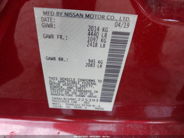 1N4AL4CV4KC225393 Nissan Altima 2.0 Sr