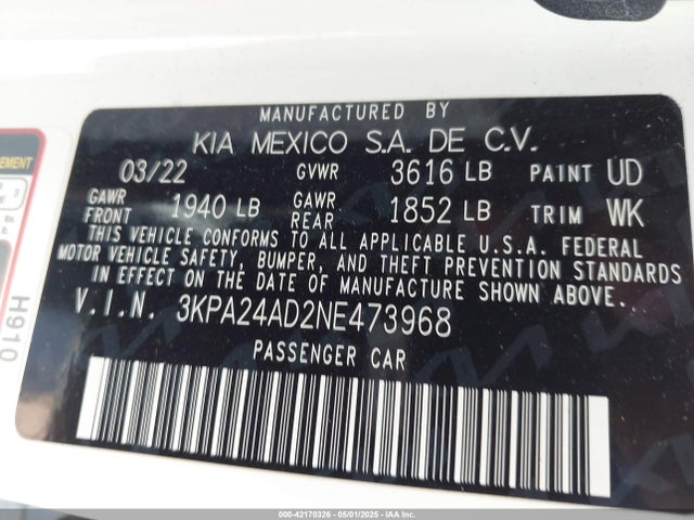 3KPA24AD2NE473968 KIA RIO S