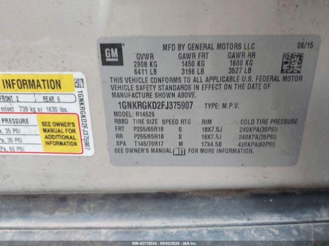 1GNKRGKD2FJ375907 Chevrolet Traverse 1lt