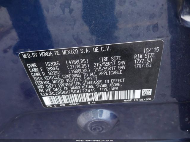 3CZRU6H75GM723649 Honda Hr-v Ex-l