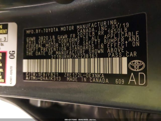2019 TOYOTA COROLLA 2T1BURHE7KC238163 Photo 8