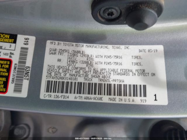 5TFAX5GN8KX148101 Toyota Tacoma Sr