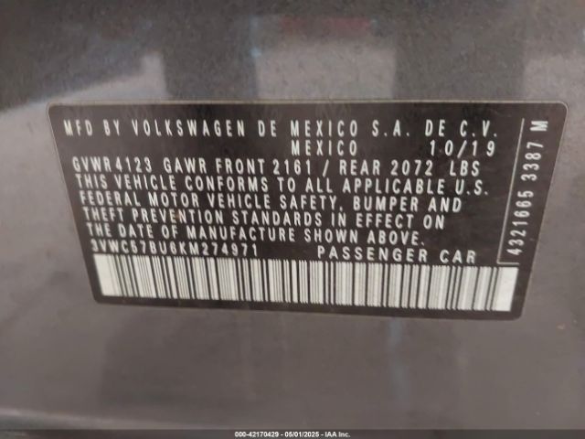 3VWC57BU6KM274971 Volkswagen Jetta 1.4t R-line/1.4t S/1.4t Se