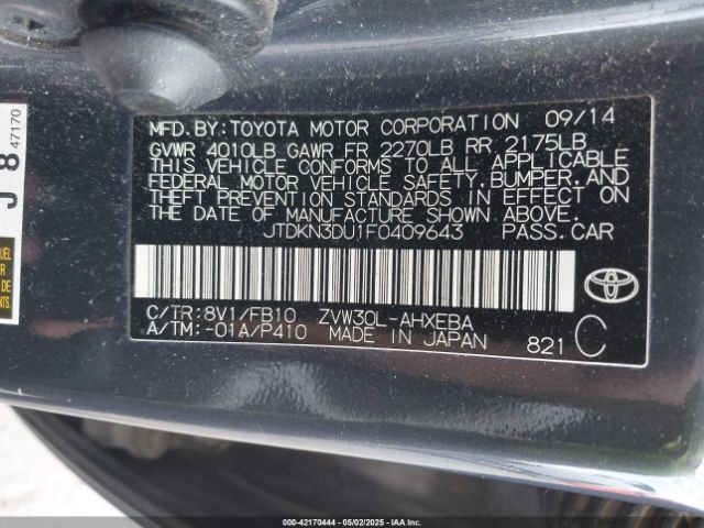 JTDKN3DU1F0409643 Toyota Prius Three
