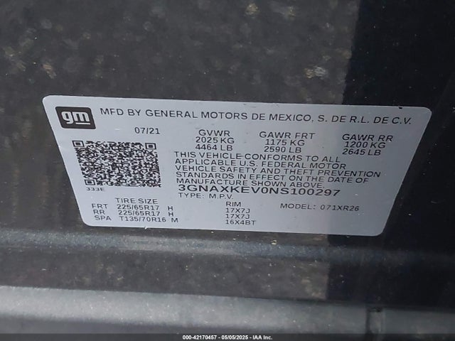 3GNAXKEV0NS100297 Chevrolet Equinox Fwd Lt