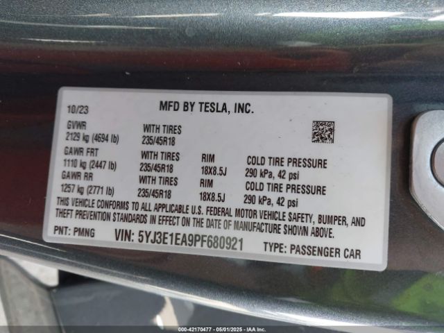 5YJ3E1EA9PF680921 Tesla Model 3 Rear-wheel Drive