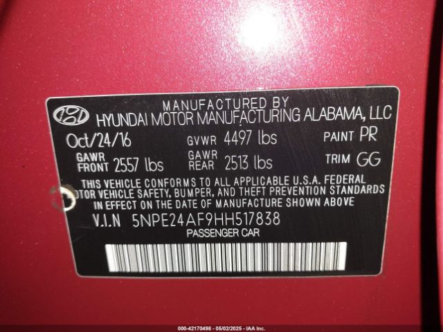 5NPE24AF9HH517838 Hyundai Sonata