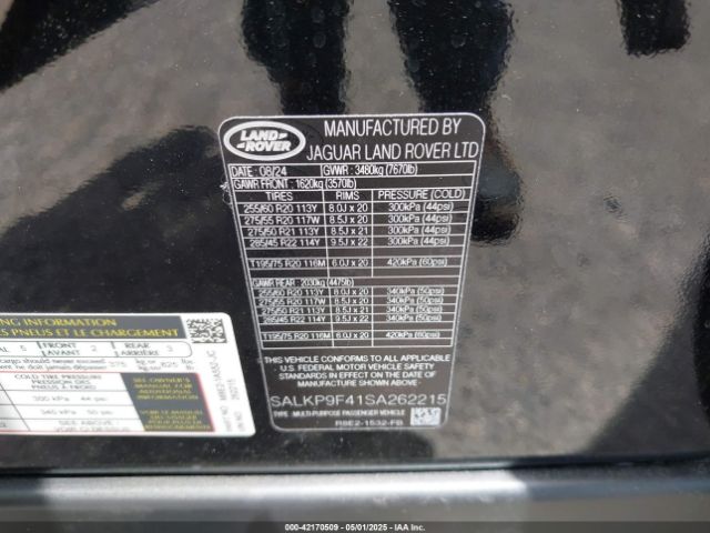 SALKP9F41SA262215 Land Rover Range Rover P550e Se