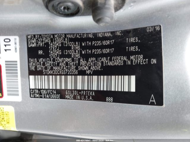 5TDKK3DCXGS720356 Toyota Sienna Le 8 Passenger