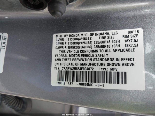 7FARW2H85JE094072 Honda Cr-v Ex-l/ex-l Navi