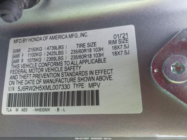 5J6RW2H5XML007330 Honda Cr-v Awd Ex