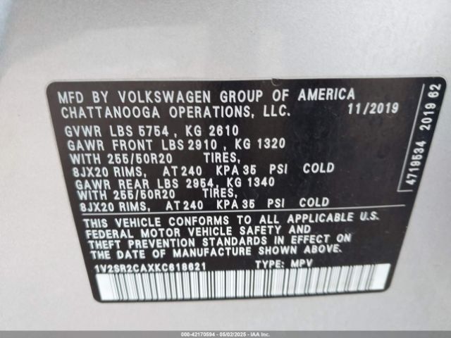 1V2SR2CAXKC618621 Volkswagen Atlas 3.6l V6 Sel R-line