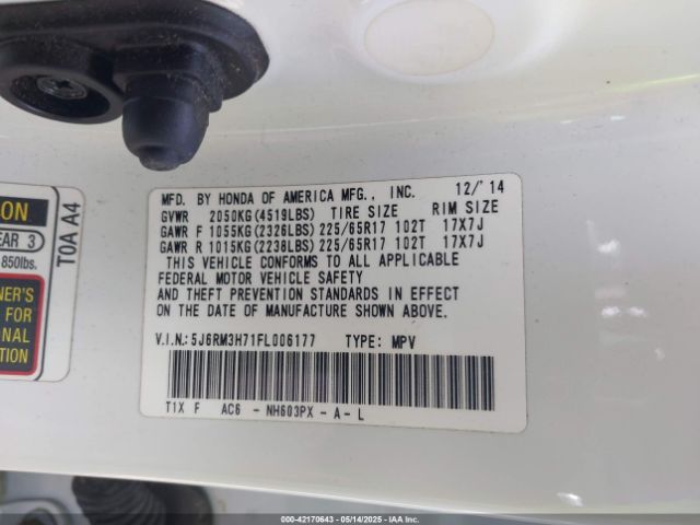5J6RM3H71FL006177 Honda Cr-v Ex-l