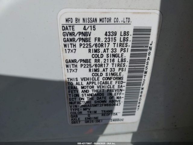 JN8AS5MT2FW660647 Nissan Rogue Select S