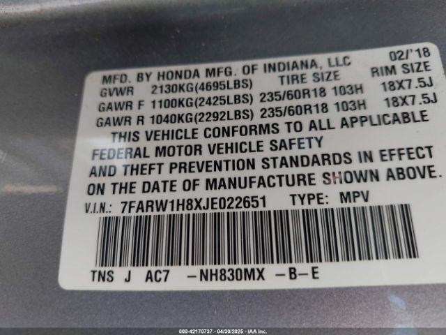 7FARW1H8XJE022651 Honda Cr-v Ex-l/ex-l Navi