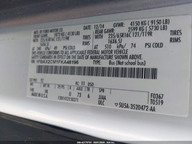 1FBAX2CM1FKA48196 Ford Transit-350 Xl