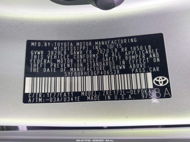 5YFBURHE0GP406538 Toyota COROLLA L