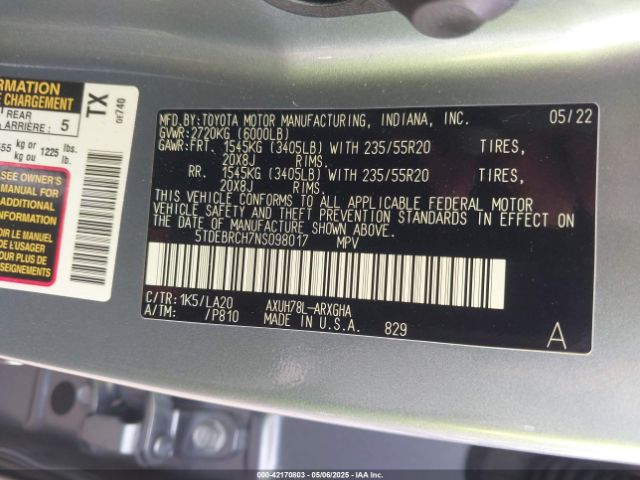5TDEBRCH7NS098017 Toyota Highlander Hybrid Platinum