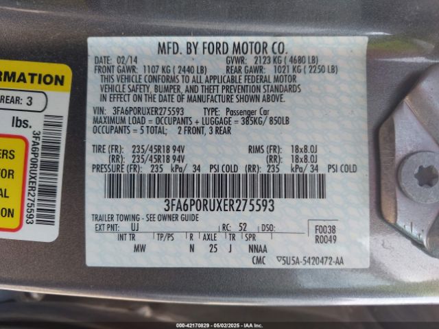 3FA6P0RUXER275593 Ford Fusion Hybrid Titanium