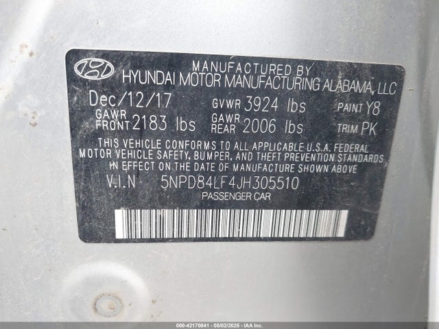 5NPD84LF4JH305510 Hyundai ELANTRA SEL
