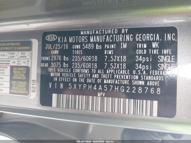 5XYPH4A57HG228768 KIA Sorento 3.3l Ex