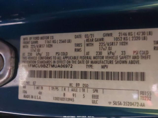 1FMCU9BZ7MUA06972 Ford Escape Se Hybrid