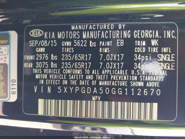 5XYPGDA50GG112670 KIA Sorento 3.3l Lx