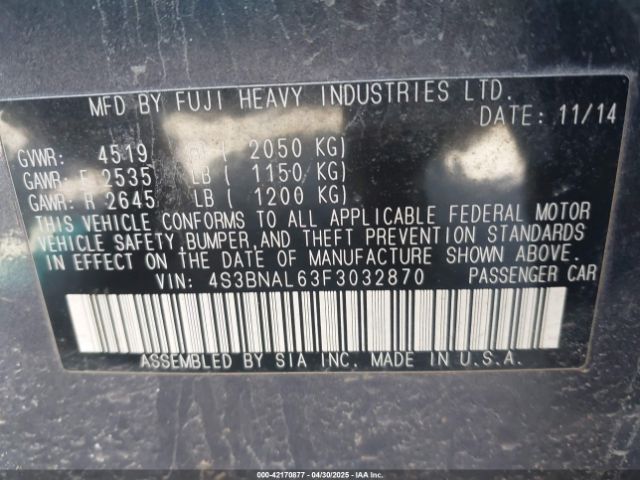 4S3BNAL63F3032870 Subaru Legacy 2.5i Limited