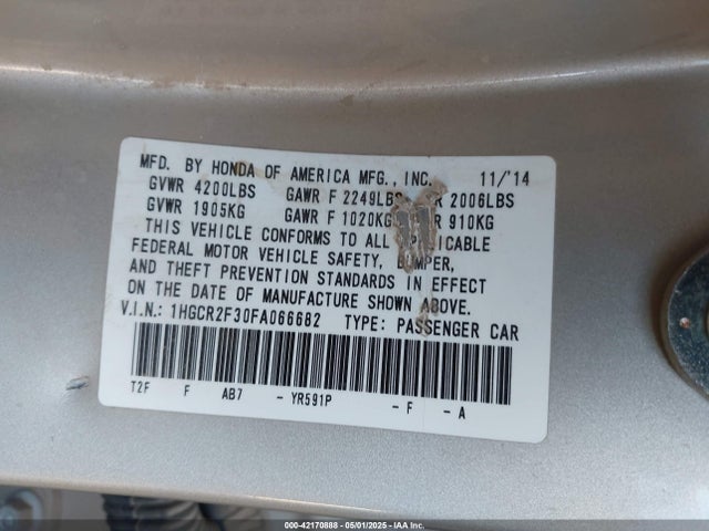 Honda ACCORD LX 2015 1HGCR2F30FA066682 Image 9