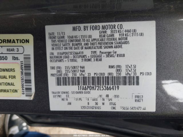 1FA6P0H72E5366419 Ford FUSION SE