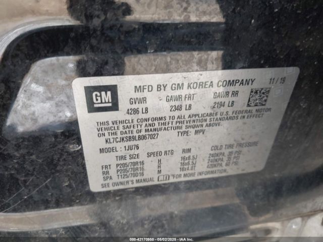 KL7CJKSB9LB067027 Chevrolet Trax Fwd Ls