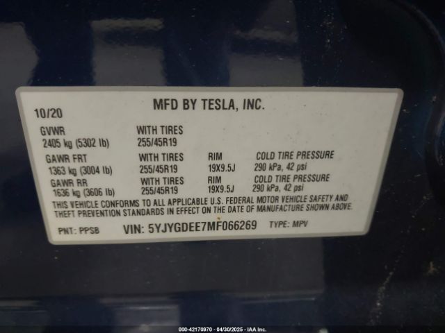 5YJYGDEE7MF066269 Tesla Model Y Long Range Dual Motor All-wheel Drive
