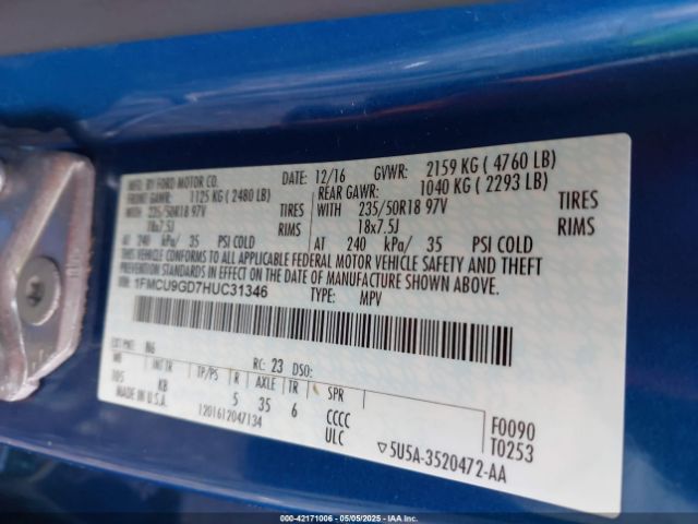 1FMCU9GD7HUC31346 Ford ESCAPE SE