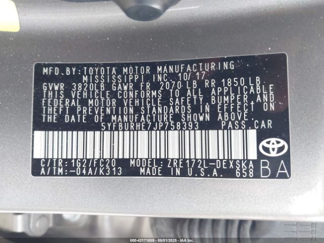 5YFBURHE7JP758393 Toyota COROLLA SE