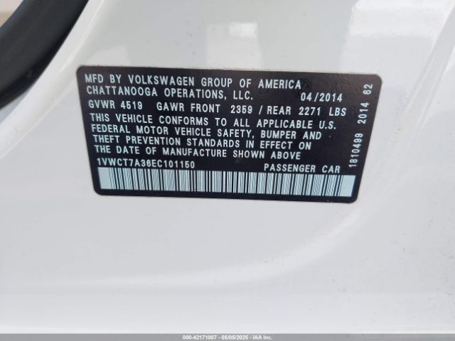 1VWCT7A36EC101150 Volkswagen Passat 1.8t Sel Premium