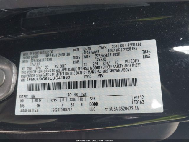 1FMCU9G68LUC41863 Ford ESCAPE SE