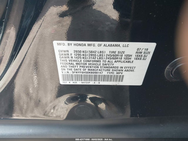 Honda j35y6 2019 5FNYF6H50KB098147 Image 9