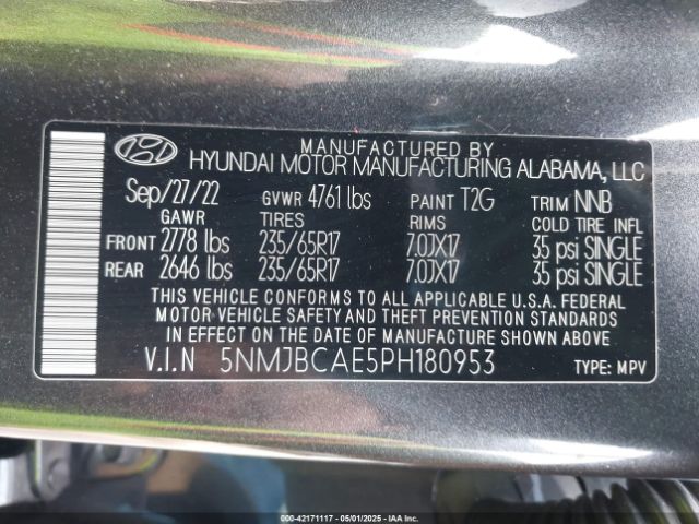 5NMJBCAE5PH180953 Hyundai TUCSON SEL