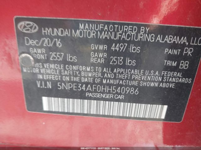 5NPE34AF0HH540986 Hyundai Sonata Limited