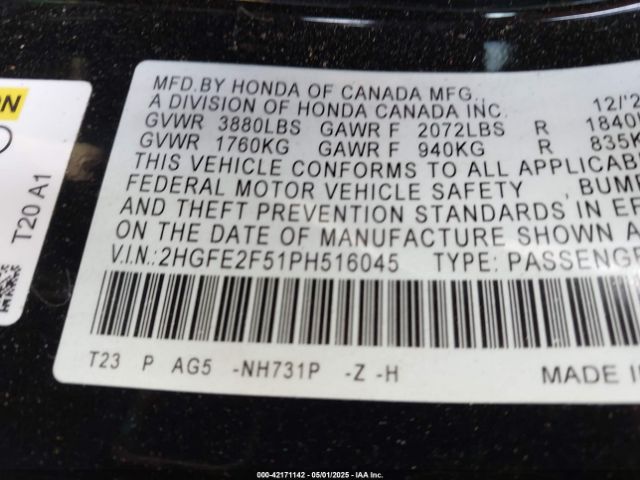 2HGFE2F51PH516045 Honda Civic Sport