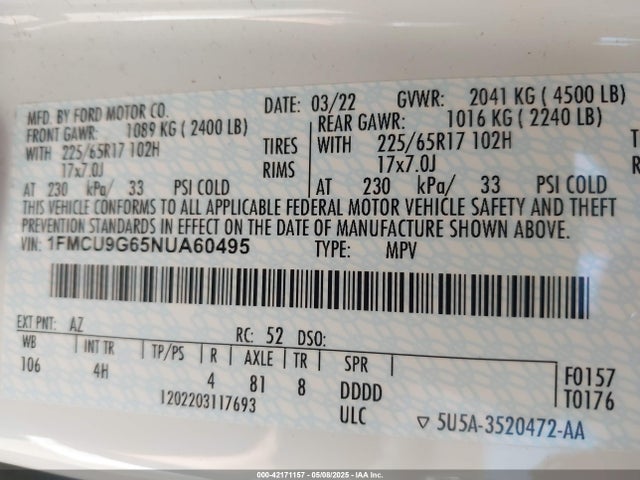 1FMCU9G65NUA60495 Ford ESCAPE SE