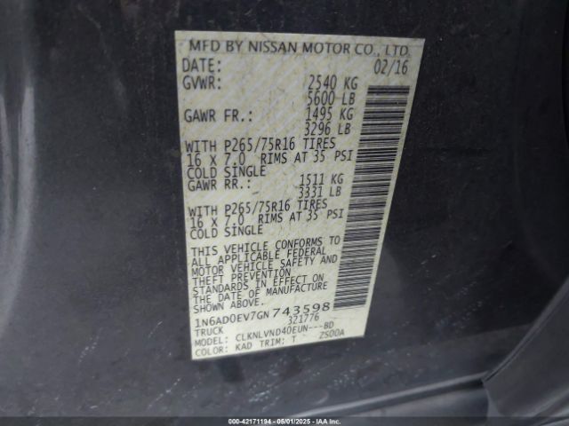 1N6AD0EV7GN743598 Nissan Frontier Pro-4x